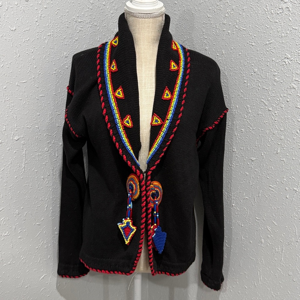 Vtg Victoria Jones Beaded Western Long Slv Cardigan Sweater Black M Boho Cowgirl